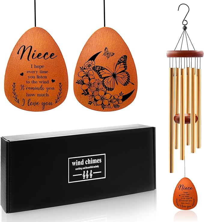 Niece Wind Chimes - Niece Gifts from Auntie, Birthday Gifts for Nieces from Aunt, Christmas Birthday Gift for Nieces, Butterfly Wind Chimes, 25.5"
