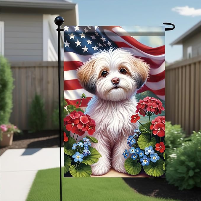 Starlit Patio 4th of July Garden Flag 12x18 Double Sided Maltese Dog Welcome American USA Patriotic Garden Flags for Memorial Day Independence Day Outdoor Decor Outside Decoration Yard Flag