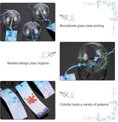 BENECREAT 3Pcs 3 Style Animal Pattern Japanese Wind Chimes, Light Sky Blue Glass Wind Bells Handmade Pendants for Birthday Gift and Home Decors