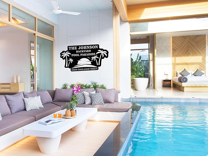 Personalized Pool Metal Name Sign,Custom Poolside Paradise Pool Signs and Decor Outdoor, Family Palm Tree Sign, Last Name,Summer Backyard Patio Decor