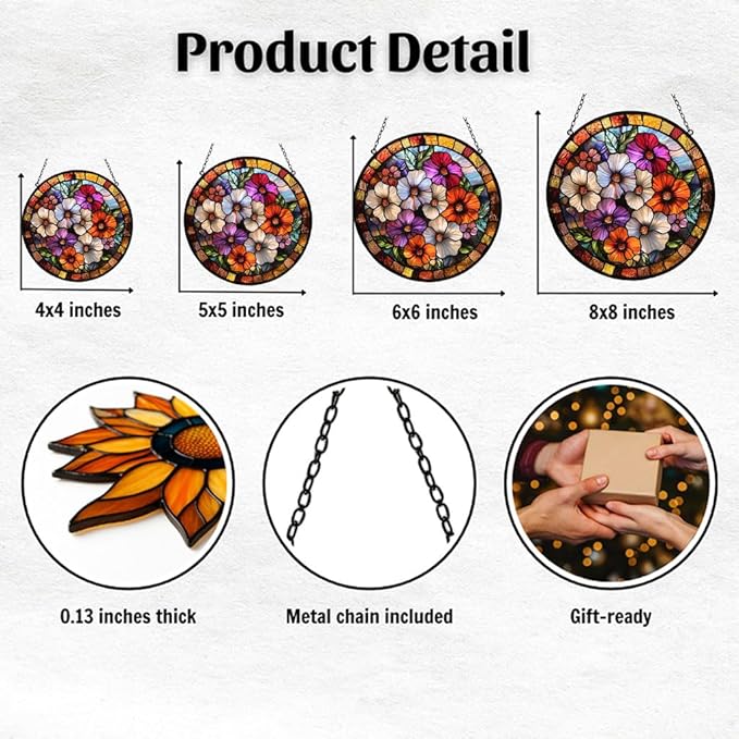 Colorful Poppies Acrylic Suncatcher Stained Glass Effect Window Car Hanging Christmas Ornament Indoor Outdoor Decor Garden Sun Catcher Panel for Floral Lover for Women Mom Grandma