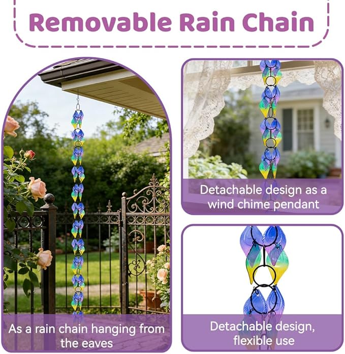 dreamysoul Rain Chains for Outside, 7.87FT Adjustable Glass Rain Chain, Colorful Leaf Rain Catcher Chains for Gutters Downspout, Eaves, Drainage
