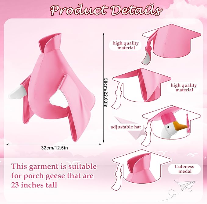 Graduation Goose Outfit for 23'' High Cement Goose Statue, Lawn Porch Clothes Cute Grad Yard Statue Outfit for Patio Outdoor Garden Decoration(Pink)