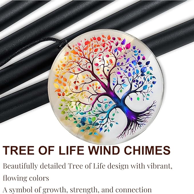 Tree of Life Wind Chimes for Outside, Deep Tone Outdoor Wind Chime with Colorful Wind Catcher, 6 Aluminum Tubes, Garden Porch Patio Decor, Memorial & Birthday Gift (34" Tree of Life)
