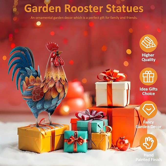 Kircust Metal Rooster Garden Ornament, Multi-Color Outdoor Yard Art Chicken Statue for Home Patio Lawn Backyard Farmhouse Kitchen