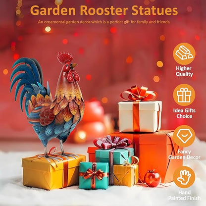 Kircust Metal Rooster Garden Ornament, Multi-Color Outdoor Yard Art Chicken Statue for Home Patio Lawn Backyard Farmhouse Kitchen