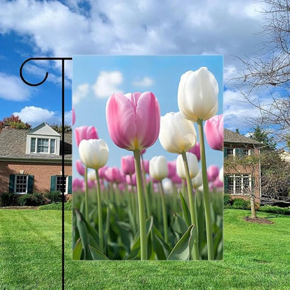 Gkyygk Tulips Flower Welcome Banners Garden Flag Pink White Double Sided 12x18 Inches Farmhouse Holiday Outside Decorations Burlap Yard Flag