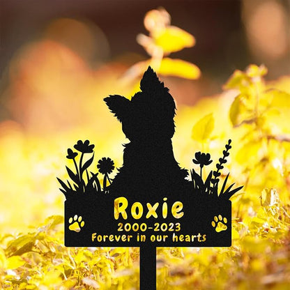 Personalized Yorkshire Terrier Dog Memorial Stake Grave Marker, Custom Dog Yorkshire Terrier Memorial Grave Marker Garden Stake, Metal Flowers Dog Memorial Yard Garden Sign with Stake