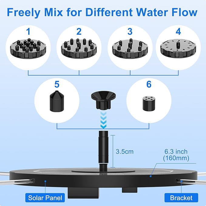 Solar Fountain, 1.5W Solar Bird Bath Fountains Pump Floating Solar Powered Water Fountain with 6 Nozzles and Fixer, Solar Fountain for Bird Bath, Outdoors, Garden, Pond, Pool