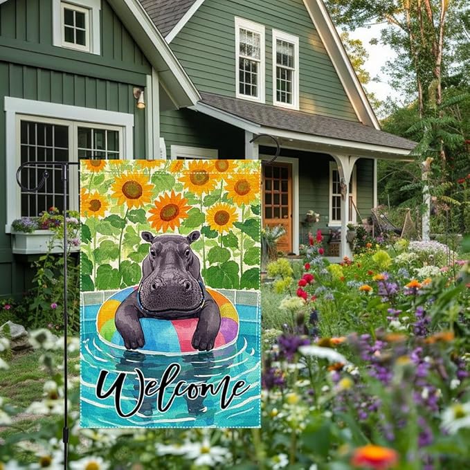 Sunflowers Garden Flag Swimming hippo Welcome Summer Garden Flags Vertical Double Sided Small Burlap Enjoy a Holiday Lawn Yard Outdoor Decorations