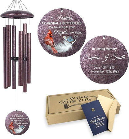 ASTARIN Cardinal Feather Butterfly 32 in Wind Chimes for Memorial, Personalized Bereavement Gift Idea, Windchimes in Loving Memory of a Loved One, Funeral Gifts for Condolences Women, Produced in USA