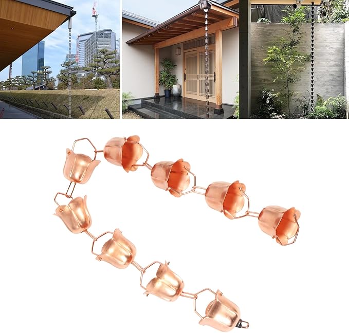 Jiawu Rain Chain, Rainwater Catcher & Diverter for Gutters, 1m / 3.28ft Pure Copper Flower Shape Decorative Rain Catcher Chain for Outside Garden Yard Temple, Replacement Downspout (Morning Glory