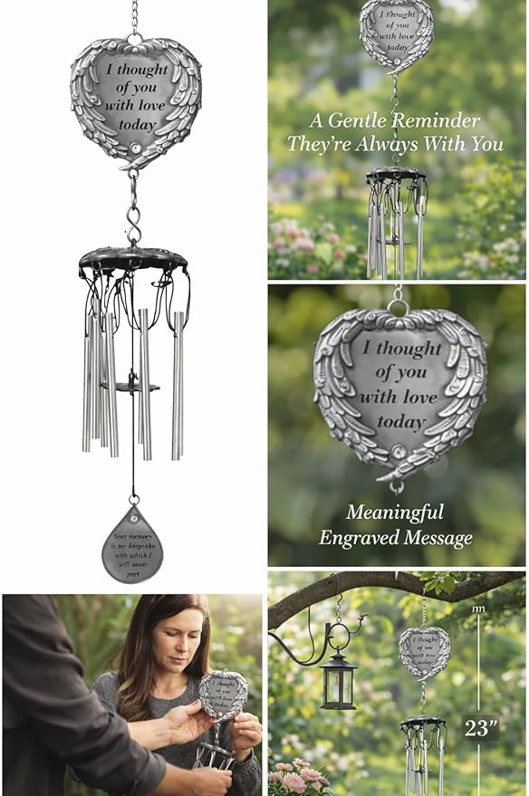 Memorial Wind Chimes Outdoor – Sympathy Gift Loss of Loved One – I Thought of You with Love Today Poem – Angel Wings Heart Teardrop Charm – in Loving Memory Wind Chime 23 Inch