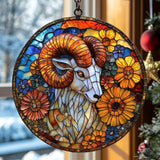 Vivid Ram Mosaic Floral Art Acrylic Suncatcher Stained Glass Effect Window Car Hanging Christmas Ornament Indoor Outdoor Decor Garden Sun Catcher Panel for Zodiac Lover for Women Mom Grandma