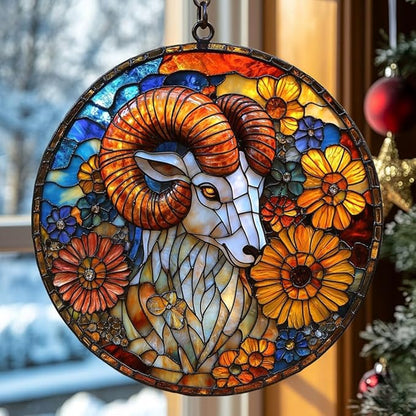 Vivid Ram Mosaic Floral Art Acrylic Suncatcher Stained Glass Effect Window Car Hanging Christmas Ornament Indoor Outdoor Decor Garden Sun Catcher Panel for Zodiac Lover for Women Mom Grandma