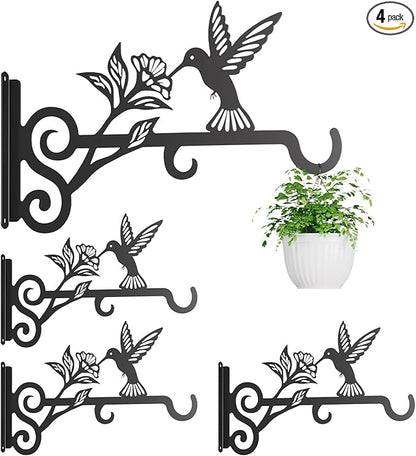 4-Pack Aesthetic Plant Hangers Outdoor – 10 Inch Metal Hanging Plant Bracket with Beautiful Hummingbird Pattern – Anti Rust Plant Hooks for Hanging Plants, Bird Feeder, Windchime, Lantern