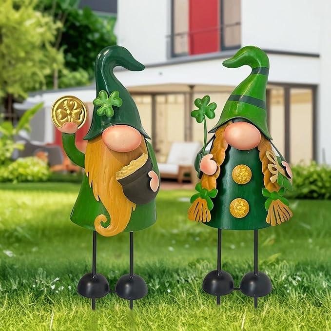 HONGLAND 18 Inch Spring Gnomes Outdoor Decor, 2Pcs Metal Gnomes Garden Stakes, Gnome Gifts for Women Outside Decorations for Yard Home Garden Lawn Patio