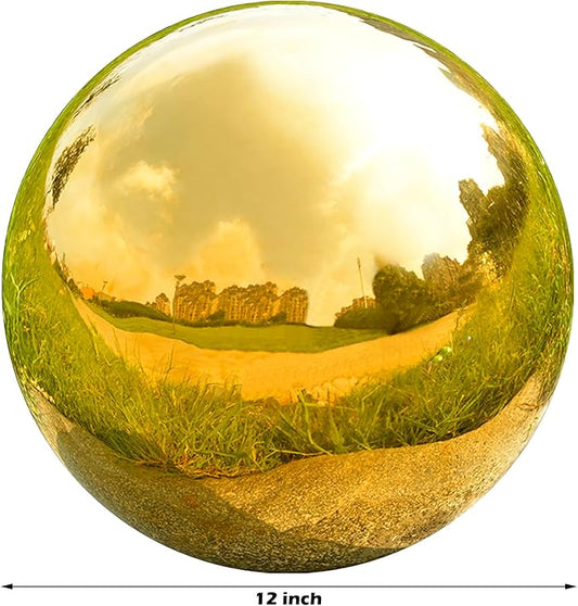 Nerien 12 Inch Gazing Ball, Stainless Steel Garden Mirror Globe, Polished Ornament Sphere, Hollow Floating Reflective Hemisphere, Home Outdoor Pond Housewarming Swimming Pool Decoration Gift, Gold