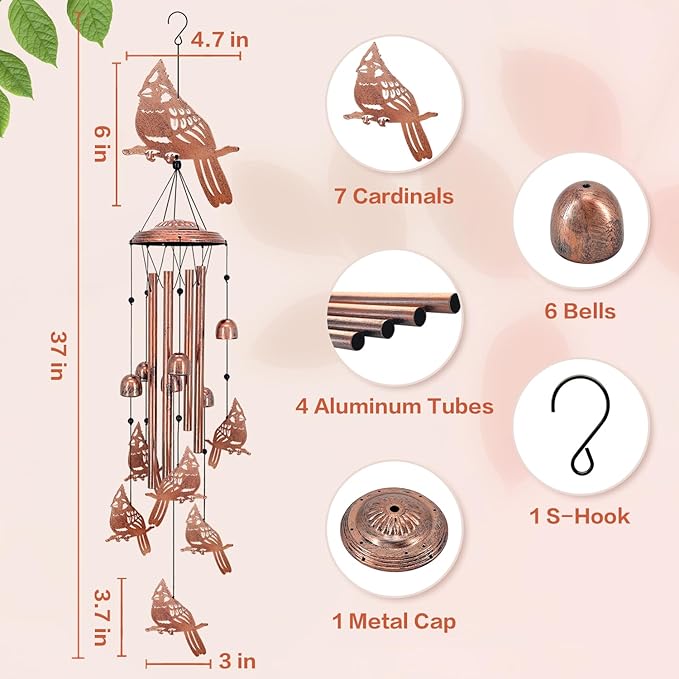 Cardinal Wind Chimes for Outside,Cardinal Gifts for Women/Men/Sympathy Gift/Memorial/Festival Birthday Gifts Metal windchimes Outdoors/Indoors,Patio Decor,Garden Decor,Yard,Home,Porch