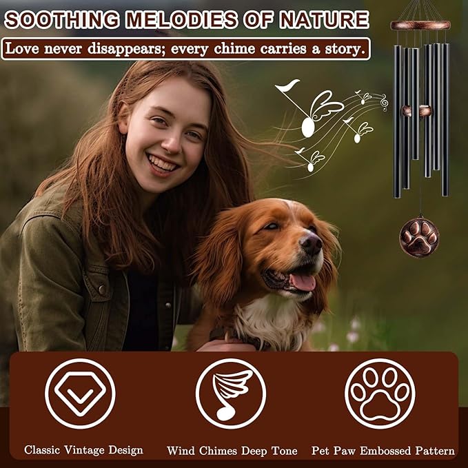 Dog Memorial Gifts for Loss of Dog, 32" Pet Memorial Vintage Wind Chimes with Embossed DogPaw Pendant, Pet Passing Away Sympathy Remembrance Gift
