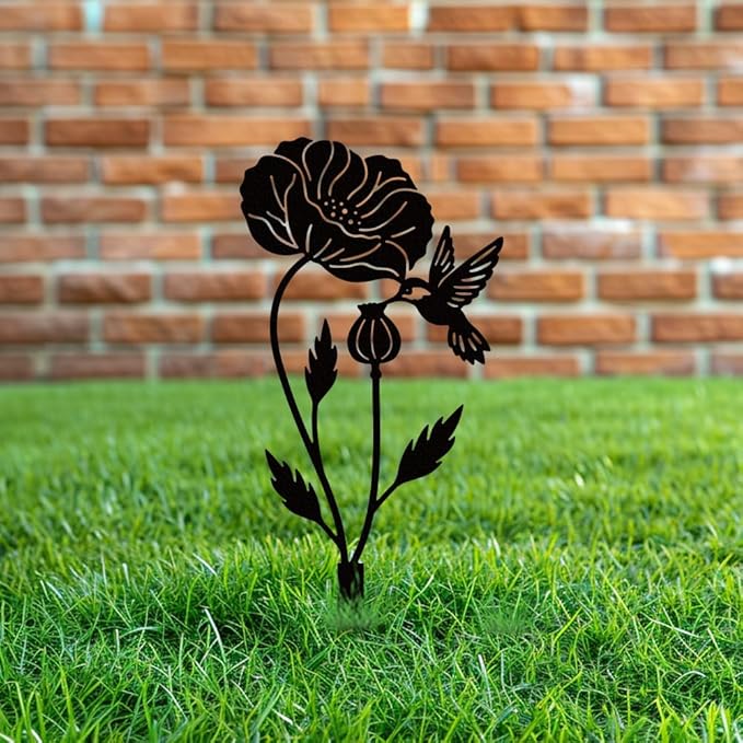 WADORN Hummingbird Poppy Metal Decorative Garden Stakes, Funny Hummingbird Flower Metal Silhouette Statues Bird Flower Garden Ornament Gifts Black Yard Art Decoration for Outdoor Backyard Patio Lawn