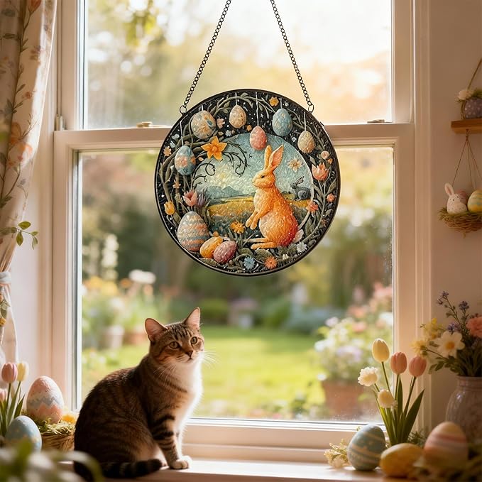 Easter Bunny Stained Glass Window Hanging Suncatcher, Colorful Rabbit with Egg Spring Decor for Home Garden, Animal Glass Art Ornament, Birthday Gift for Women Mom Nana, 7.8 Inch Sun Catcher