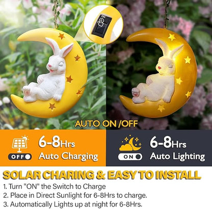 JoyBlooms Solar Garden Decor Bunny Garden Statue Solar Hanging Statue 9.36" L*7.8" W Outdoor Hanging Decorations for Patio Yard Gifts for Mom Grandma Housewarming-Sleeping Bunny