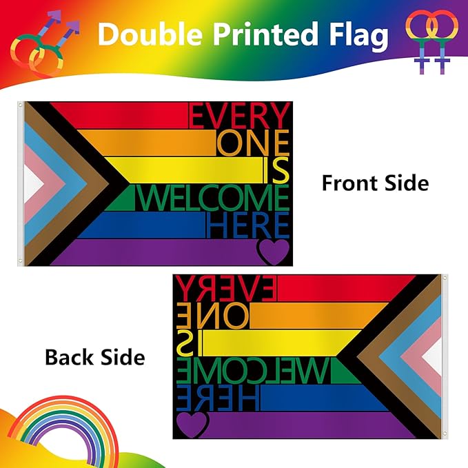 Pride Flags 3x5 Ft Everyone is Welcome Here Pride Decorations Outdoor Hanging LGBTQ Rainbow Gay Porgress Pride Flag Party Supplies for Indoor Outdoor Garden,Lawn,Yard, Parade Decor