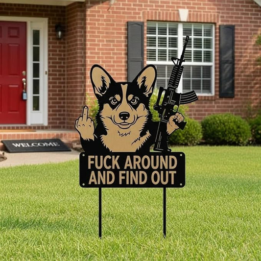 F Around & Find Out Dog Sentry Metal Dogs Silhouette Garden Stake with Middle Finger &Weapon Sign, FAFO Security Sign Middle Finger Dog Statue Decor for Outdoor Yard Patio (Corgi, 8 * 16")