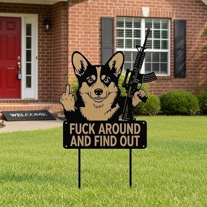 F Around & Find Out Dog Sentry Metal Dogs Silhouette Garden Stake with Middle Finger &Weapon Sign, FAFO Security Sign Middle Finger Dog Statue Decor for Outdoor Yard Patio (Corgi, 6 * 12")