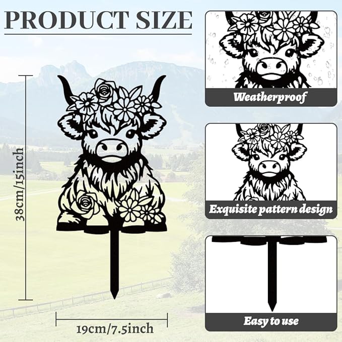 WADORN Highland Cow Silhouette Garden Stakes Decor, Metal Cow Lovers Gifts Stakes Statues Ornaments for Yard Art Black Silhouette Yard Outside Decor for Backyard Patio Outdoor Decor, 15x7.1Inch