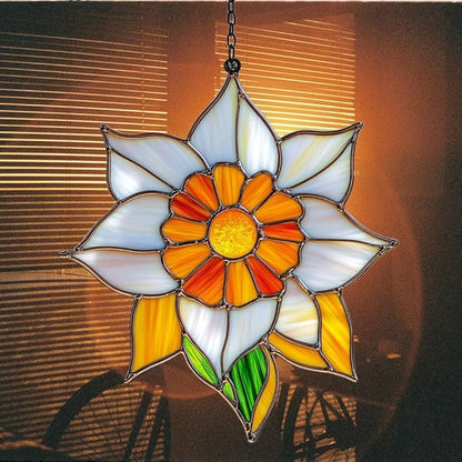 Narcissus Mosaic Style Acrylic Suncatcher Stained Glass Effect Window Car Hanging Christmas Ornament Indoor Outdoor Decor Garden Sun Catcher Panel for Floral Lover for Women Mom Grandma