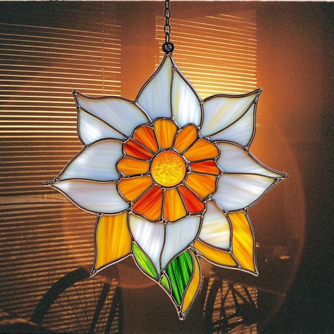 Narcissus Mosaic Style Acrylic Suncatcher Stained Glass Effect Window Car Hanging Christmas Ornament Indoor Outdoor Decor Garden Sun Catcher Panel for Floral Lover for Women Mom Grandma