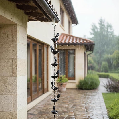 Birds Rain Chain Metal Bird Outdoor Decoration Rainwater Chain for Gutters, 3.28 FT Length with 8 Birds, Durable and Elegant Garden Drainage & Eaves Decor