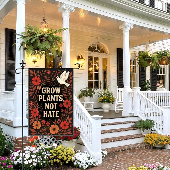 Grow Plants Not Hate Garden Flag, 12 x 18 Inch Double Sided Peace Dove Flora Anti Hate Patio Yard Decor, Liberal Equality Inclusion Peaces Kindness Outdoor Banner for Gardener Peace Plant Lover