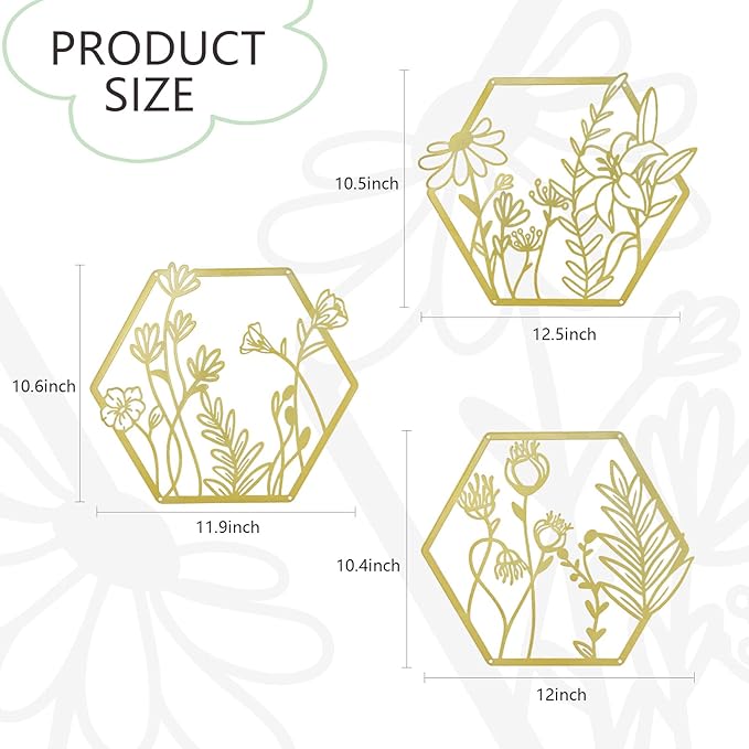 OYEFLY 3 Pcs Metal Flower Wall Decor,Farmhouse Flower Art (Gold)
