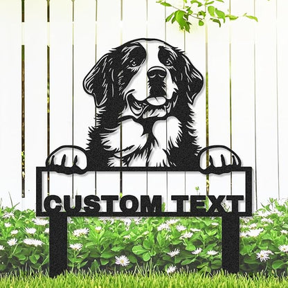 Personalized Metal St Bernard Dog Statue Garden Sign with Stakes, Custom Dog House Decor Sign Outdoor Garden Stake Plaque, Customized Decorative Yard Stake Art Backyard Decor Gardening Gift