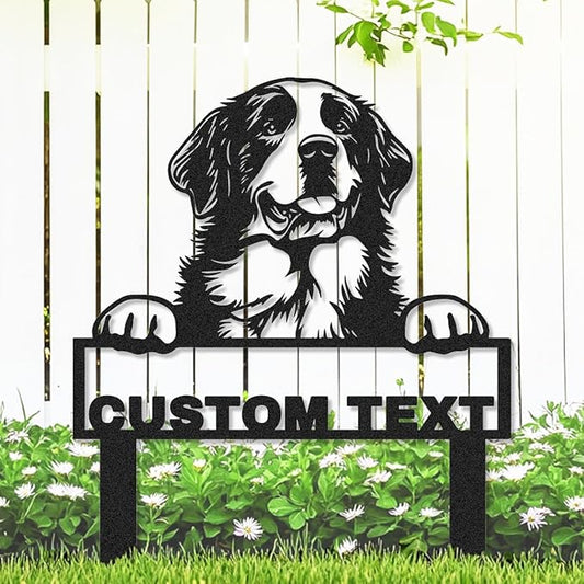 Personalized Metal St Bernard Dog Statue Garden Sign with Stakes, Custom Dog House Decor Sign Outdoor Garden Stake Plaque, Customized Decorative Yard Stake Art Backyard Decor Gardening Gift
