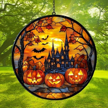 Gothic Halloween Castle Acrylic Suncatcher Stained Glass Effect Window Car Hanging Christmas Ornament Indoor Outdoor Decor Garden Sun Catcher Panel for Halloween Lover for Women Mom Grandma