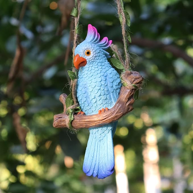 Hanging Parrot Garden Decor Tiki Bar Decorations Tropical Outdoor Hanging Bird Statue for Tree Plant Patio Lawn Yard Porch Balconies Decor(Blue)