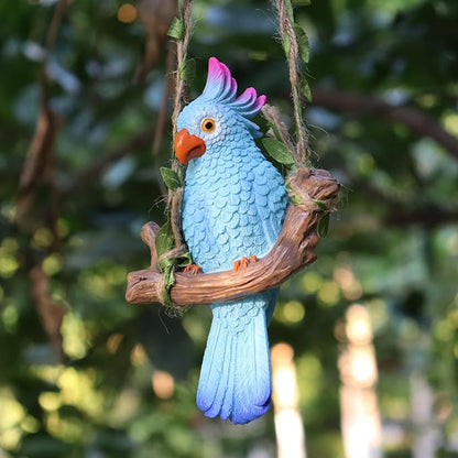 Hanging Parrot Garden Decor Tiki Bar Decorations Tropical Outdoor Hanging Bird Statue for Tree Plant Patio Lawn Yard Porch Balconies Decor(Blue)