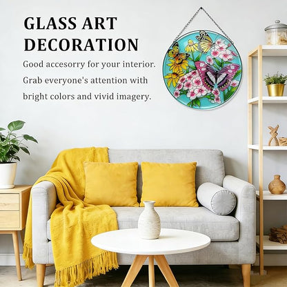 7.87" Sun Catchers Indoor Window,Butterfly Stained Glass Window Hanging, Window Suncatcher Hanging Ornaments Wall Art, Hand-Painted Glass Panel Home Decor (Butterfly A)