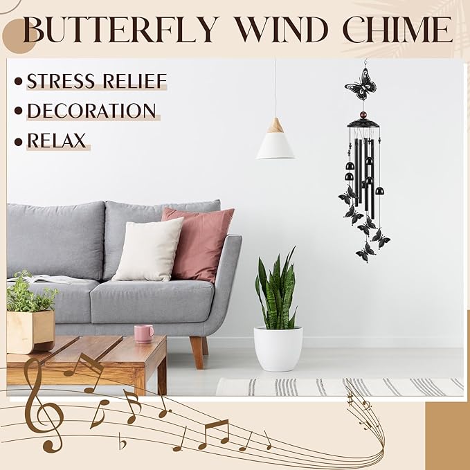 Beeveer 35" Christmas Butterfly Wind Chimes for Outside Garden Decor with 4 Aluminum Tubes and 6 Charming Bells for Patio Porch Yard Decor, Christmas Gifts for Women Mom Grandma(Black)
