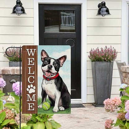 Dyrenson Welcome Boston Terrier Dog Decorative Garden Flag, Spring Summer Paw Prints Tennis Yard Outside Home Decorations Pet Lover Gift, Farmhouse Burlap Outdoor Small Decor Double Sided 12 x 18