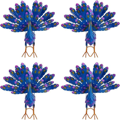 Set of 4 Peacock Statues, Colorful Iron Garden Decor with Realistic 3D Feathers, Outdoor Indoor Ornament for Patio, Yard, Balcony, or Home Decor