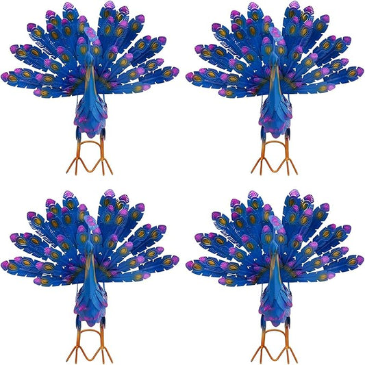 4 Pcs Metal Peacock Statue Set, Colorful Iron Garden Decor Outdoor, Vibrant Tail Spread Peacock Yard Art Sculpture for Patio Lawn Entryway, Weather Resistant Housewarming Gift