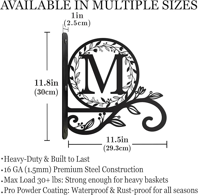 Metal Initial Letter M Plant Hanger Bracket, Decorative Wall Mount Hanging Plant Hook, Monogram Floral Leaf Garden Decor for Hanging Baskets, Bird Feeders, Lanterns, Wind Chimes