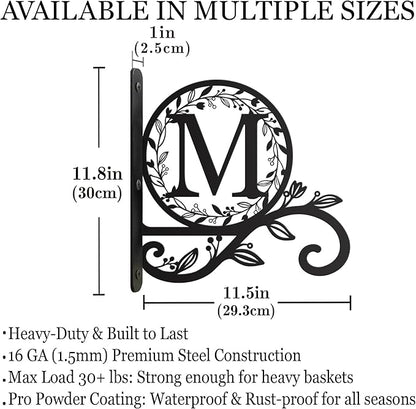 Metal Initial Letter M Plant Hanger Bracket, Decorative Wall Mount Hanging Plant Hook, Monogram Floral Leaf Garden Decor for Hanging Baskets, Bird Feeders, Lanterns, Wind Chimes