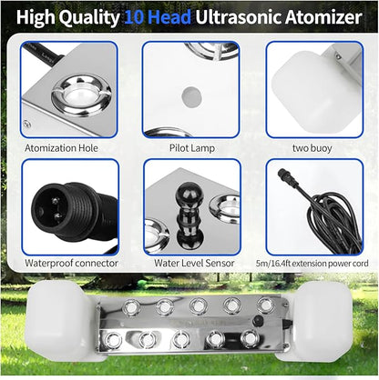 Ultrasonic Mist Maker 10 Head Mist Maker Fogger 7000ml/H Ultrasonic Mister Fogger 350W Atomizer Pond Fogger IP67 Waterproof Fog Mist Machine with Float for Garden Rockery Halloween Decor (10 Heads)