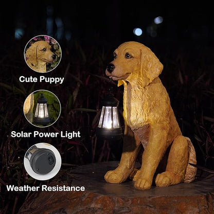 Cynkeyee Garden Decor Dog Statues Outdoor - Golden Retriever Puppy Statue with Solar, Outdoor Figurine Lights for Garden Patio Yard Accent Solar Decorations for Outside 13.5x7.5x15.5 Inch